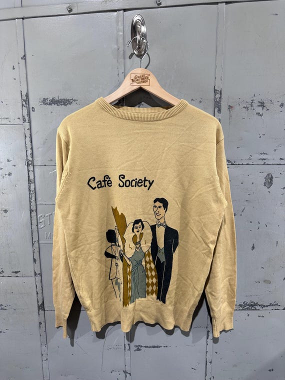 True Vintage 70s "Cafe Society" Coffee Earth Tone Tan Classic Americana Picture Knit Sweater Medium