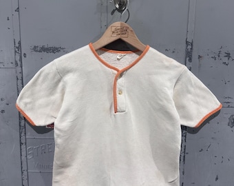 True Vintage 60s Penny's Brand Cotton Cream Two Tone Orange Henley Button Up Sweatshirt Large