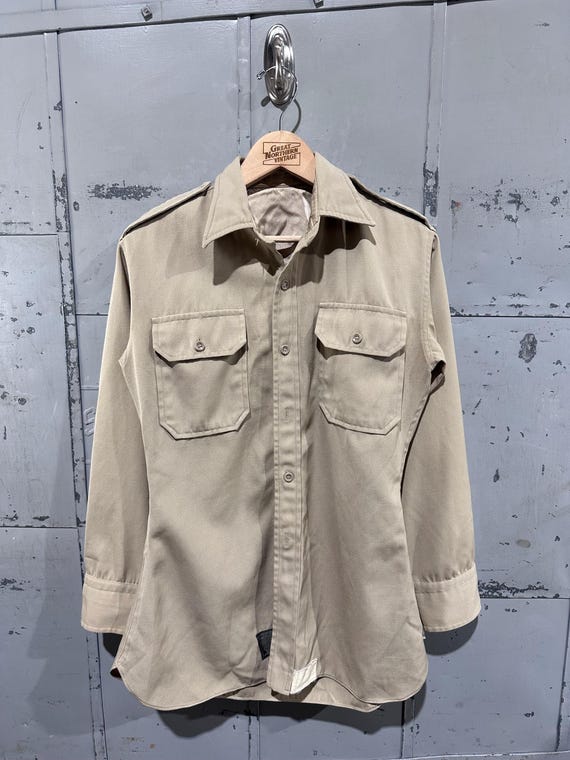 True Vintage 50s Lauterstein's Brand Gabardine Military Officers Uniform Earth Tone Beige Button Up Dress Shirt