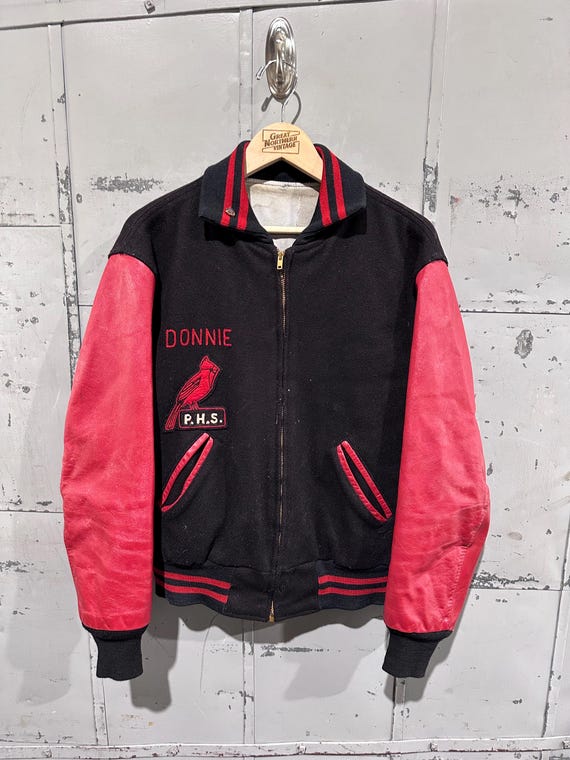 True Vintage 60s Two Tone Leather and Wool Dark Chainstitched Donnie P.H.S. Cardinals Varsity Leather Jacket Medium