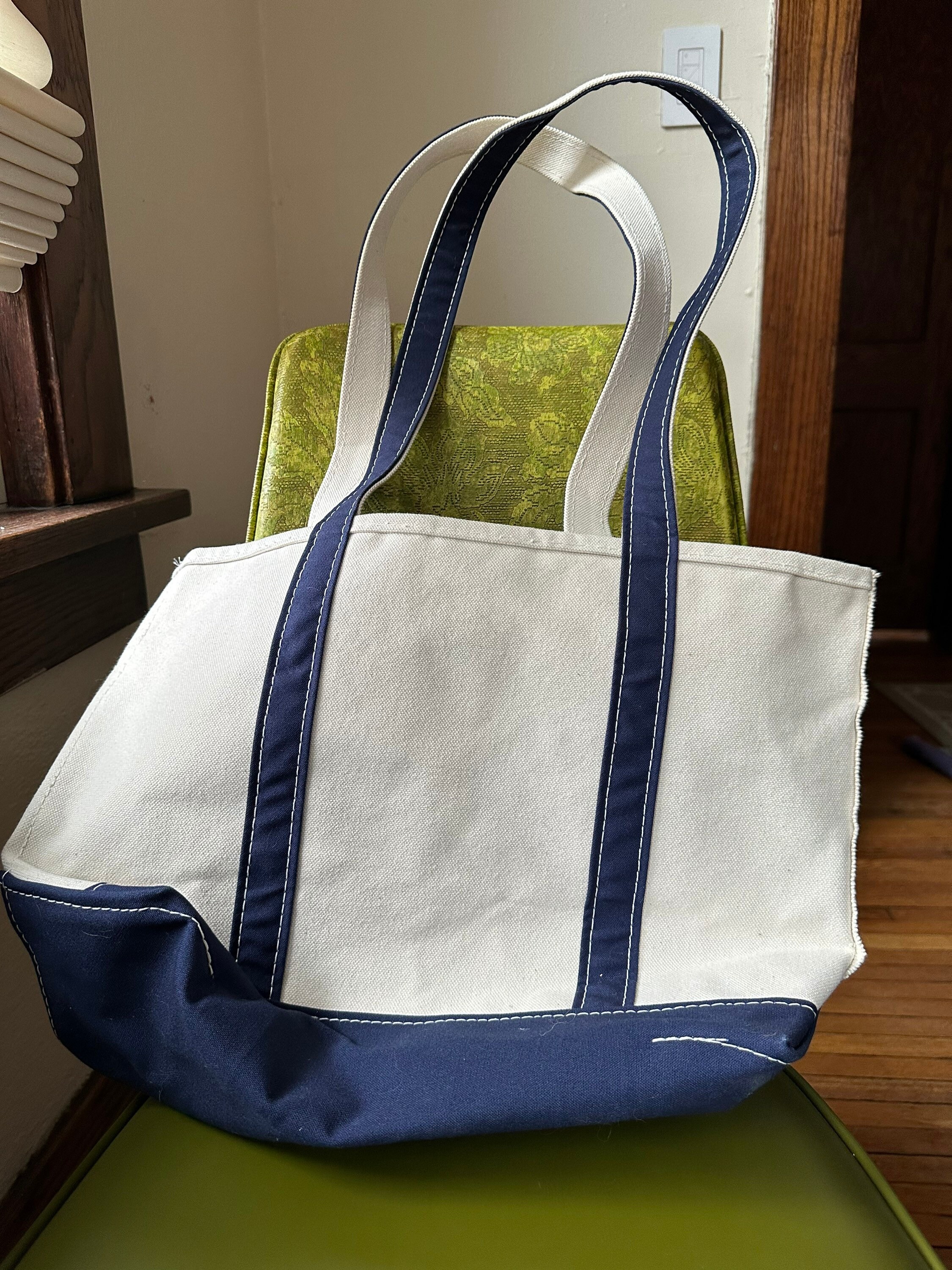 90s LL Bean Boat and Tote Bag Blue White Canvas Beach Bag 