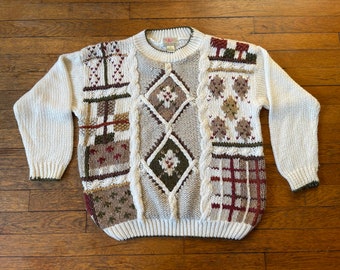 Vintage Patchwork Style Ultra-Soft Ramie Acrylic Pullover Crewneck Sweater by American Weekend