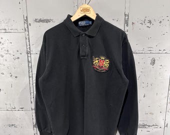 Vintage 90-tals Polo Ralph Lauren svart broderad vapensköldpatch preppy Henley rugbyskjorta stor