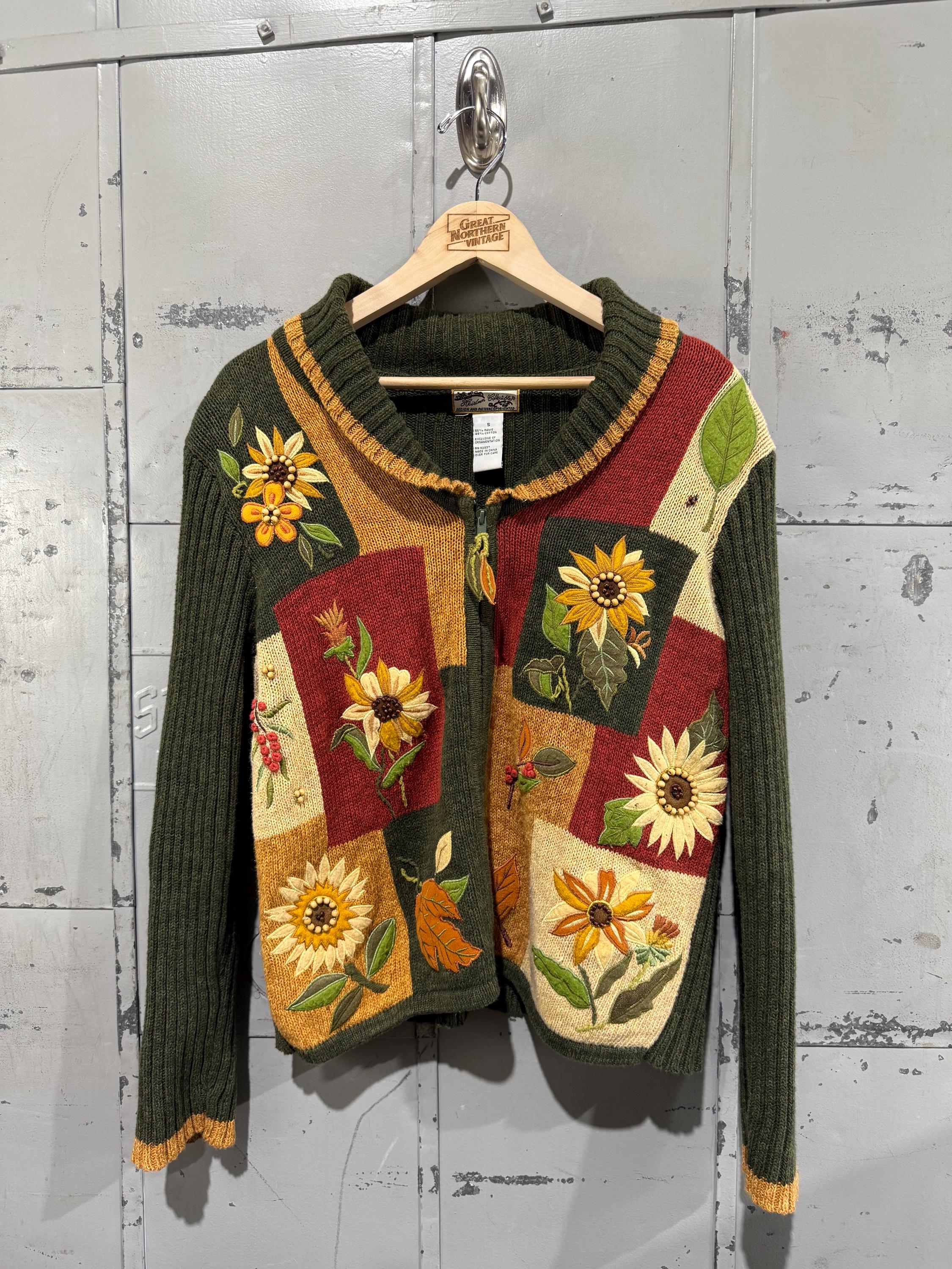 トップス 90's vintage sunflower knit cardigan Vintage Sunflower Sweater Floral Design 3D Knit Cottage Core
