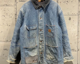 Size 48 70’s big ben Brand  light Wash Denim Lined Work Chore Jean Jacket 1980s 1970s  Western Work Jacket patchwork distressed