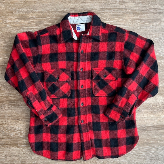 60’s Sears Pilgrim Wool Buffalo Plaid Red Flannel… - image 1