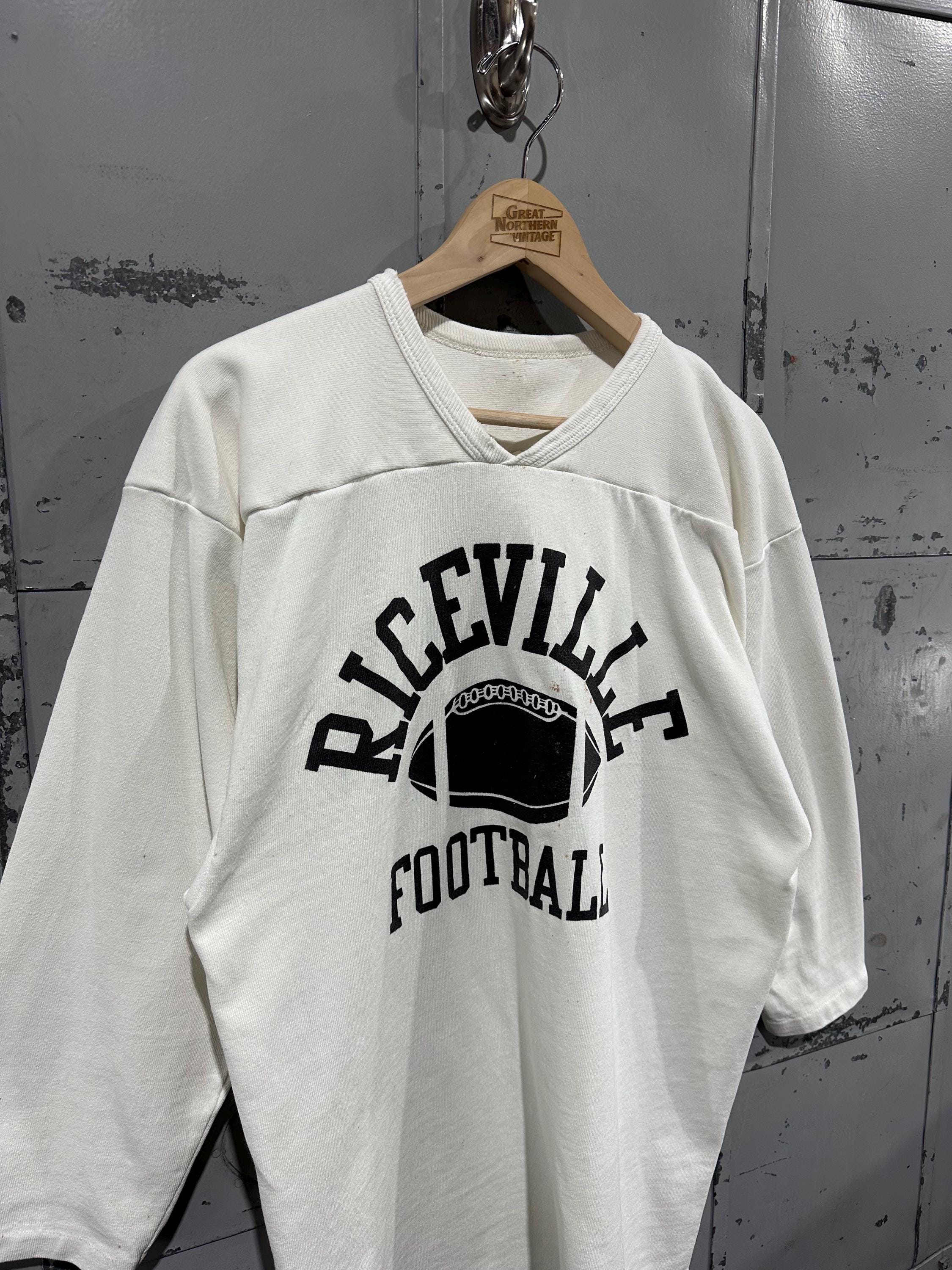 トップス 70s Russell Athletic football T shirt True Vintage 70s Russell Athletic Riceville White 3/4 Sleeve