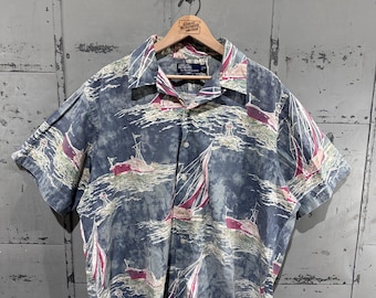 Polo vintage dos anos 90 da Ralph Lauren, algodão, tropical, havaiano, férias, gola redonda, estampa de iate, camisa polo com botões, tamanho GG