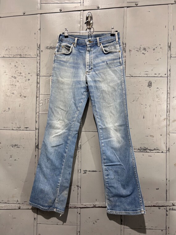 70s Lee Denim  Bell Bottom Flare Blue Jeans distre