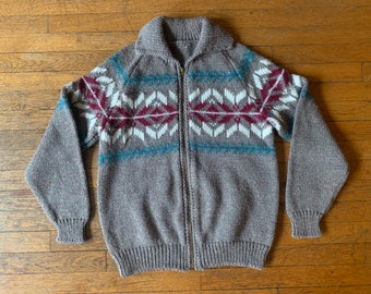 60s 70s Cowichan Nordic Pattern Fair Isle Zip-Up Winter Sweater