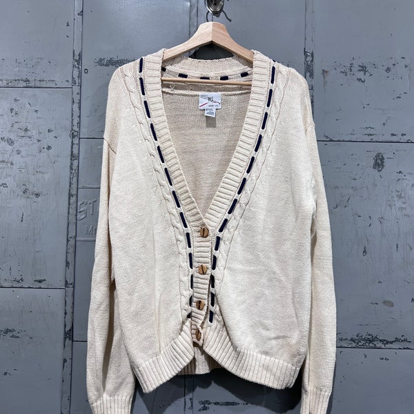 M 80s cardigan sweater tan brown color earthtone chunky knit cable hand knit sport ltd Grandma