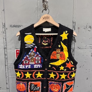 Vintage 90s Studio Works Halloween Patchwork Bats & Pumpkins Autumn Outdoor Grandma Ugly Picture Knit Sweater Vest Medium