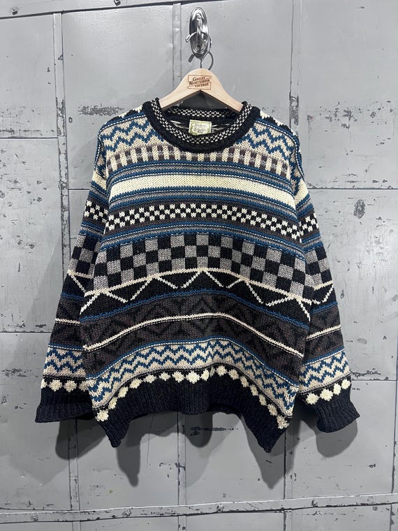 80 s Gaeltarra multicolor Wool geometric Sweater Fisherman s Style hand knit thick heavy