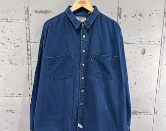 Vintage 90s Levis Cotton Deep Ocean Blue Indigo Classic American Long Sleeve Button Up Shirt XL