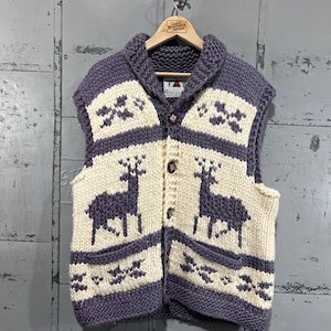 Vintage 80s Cowichan Knit sweater Reindeer Purple Vest Purple handmade in canada hand knit chunky heavy