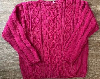 Vintage Cable Knit Fuchsia Crew Neck Sweater Large