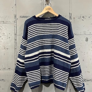 L 90s Crewneck Sweater striped multicolor knit sweater size Large acrylic rolled neck