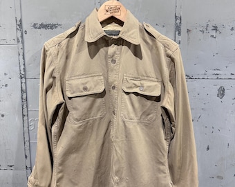 True Vintage 50s Distressed Lauterstein's Brand Military Gabardine Officers Uniform Earth Tone Beige Button Up Dress Shirt