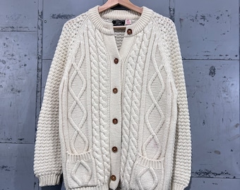 Large 90’s Cable Knit Neutral Cream Cardigan Sweater Preppy Prep Nautical Oversized