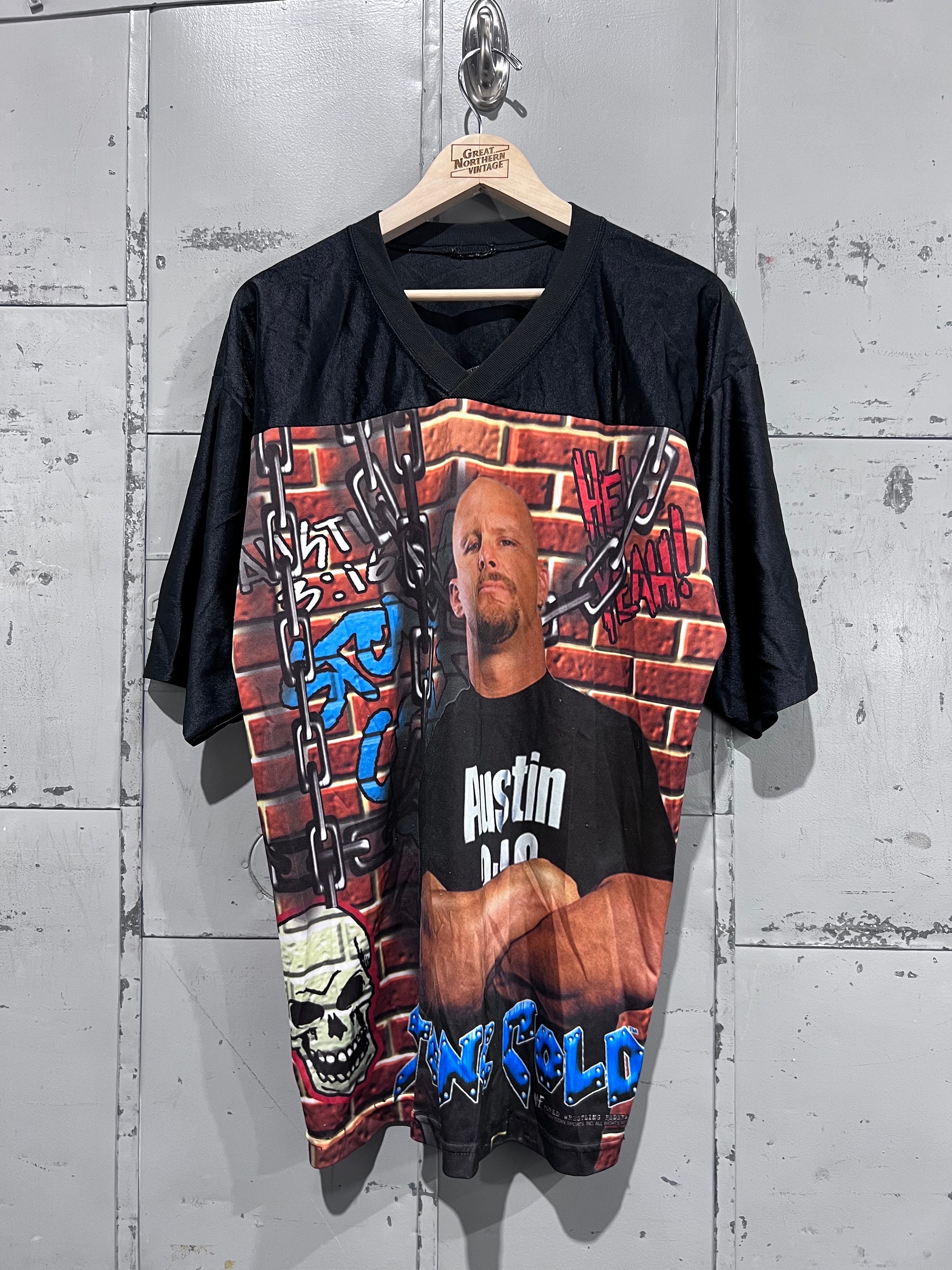 s*x様 90s archive STONE  ブラックフェード短丈 90s, Large WWF Stone Cold Steve Austin Full Print Football Jersey
