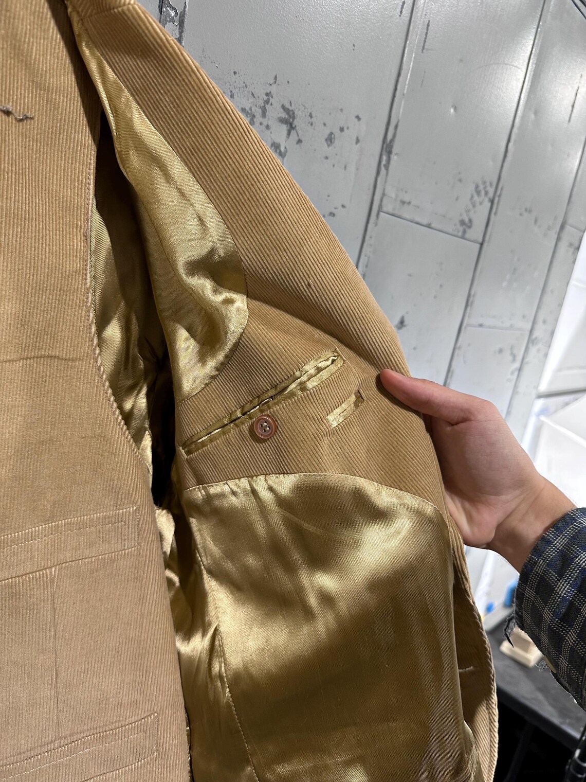 True Vintage 60s Ekstorms Mobster Classy Americana Tan Corduroy Blazer Jacket and Vest Suit Combo Set 46reg, foto 3 di 5