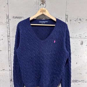 Vintage 90s Ralph Lauren Sport Preppy Navy Blue Cable Knit V Neck