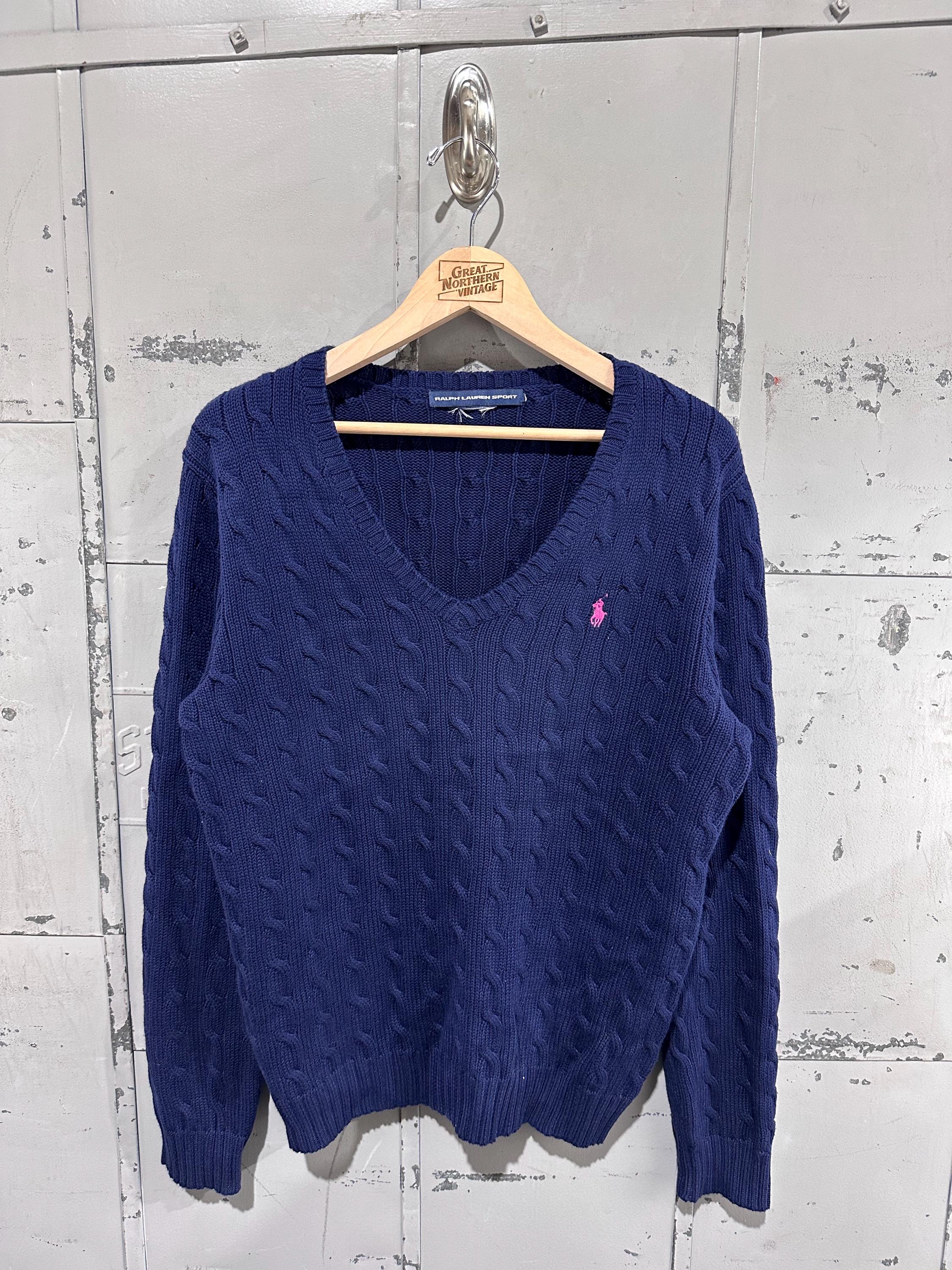 トップス Ralph Lauren 90s dark navy cotton knit Vintage 90s Ralph Lauren Sport Preppy Navy Blue Cable Knit V Neck