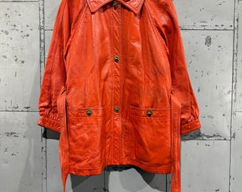 1960s Bonnie Cashin Orange Leather Coat Brass Turnlock Long Jacket Theodore's St. Paul Mod Style