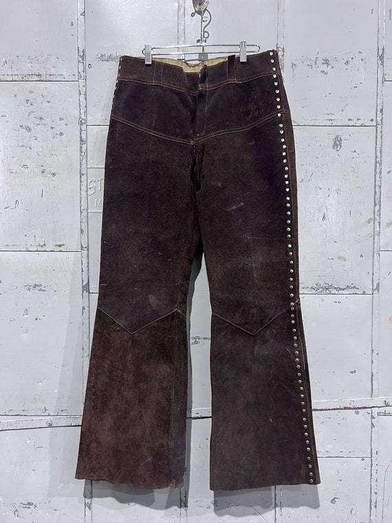 70s brown genuine suede embellished flare pants