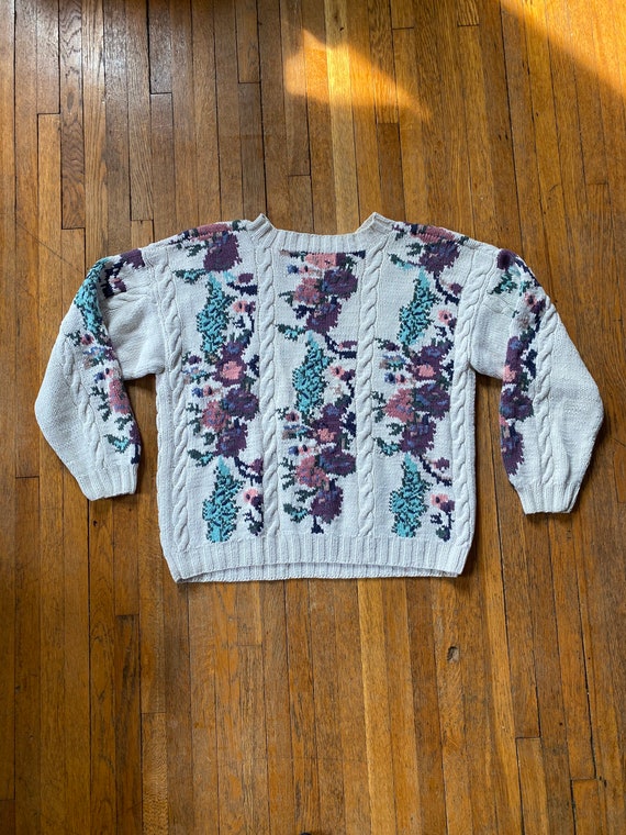 Small 90’s Words Floral Print Cable Knit Sweater