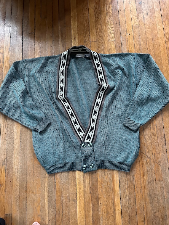 Vintage Cardigan Sweater Funky Teal Abstract Men’s