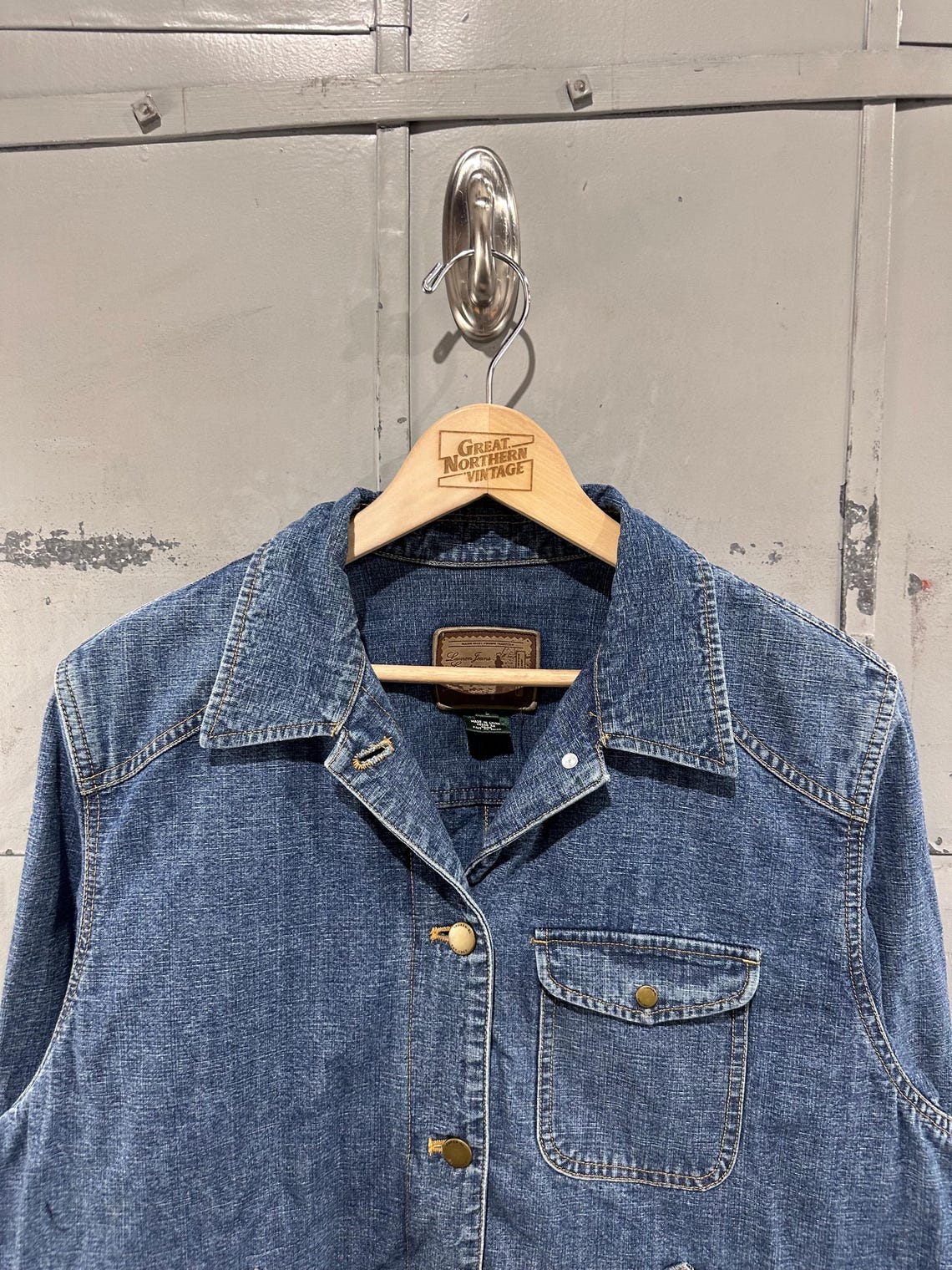 Vintage 90s Women's Lauren by Ralph Lauren Denim Americana Utility Multi Pocket Barn Chore Jacket Large, foto 2 di 5