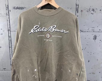 Sudadera de cuello redondo para exteriores de Eddie Bauer, vintage, años 90, con salpicaduras de pintura marrón tierra desgastada, talla grande
