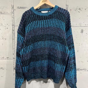 XL 90s Geometric Crewneck Sweater striped knit sweater acrylic funky wild retro