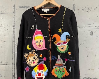 Vintage 90s Halloween picture Knit Cardigan Sweater Fall Costume Autumn Cute embroidered