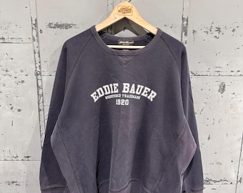 Vintage 90s Eddie Bauer Smokey Navy Distressed Arch Logo Granola Hiking Sweatshirt XL