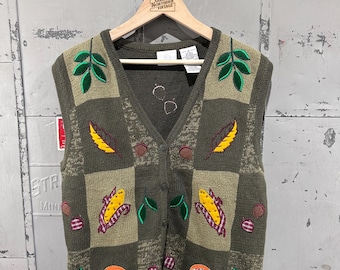 Vintage 90s Fall Autumn Produce Thanksgiving Holiday Picture Knit Embroidered Halloween Sweater Vest Medium