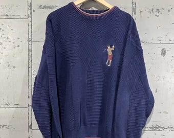 Vintage 90s Large Golfer chunky sweater knit golf style geometric embroidered