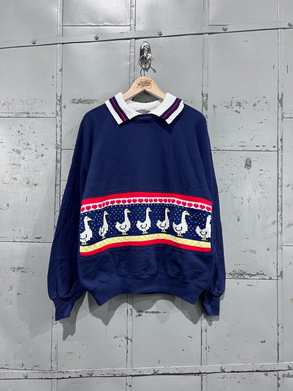 Cottagecore knitted goose Scene navy Blue Collared