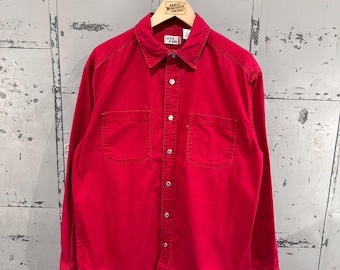 Vintage 90s Levis Jeans Brand Cherry Red Cotton Classic Americana Button Up Shirt Medium