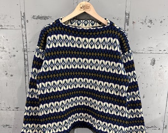 True Vintage 60s All Wool Poratg Magneheim Swedish Geometric Pattern Funky Cyan Shaggy Cozy Pullover Sweater Medium