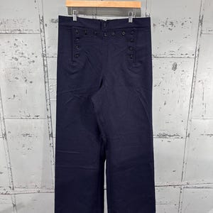 Autentici pantaloni vintage anni '50 da marinaio USN, in pura lana, blu navy, a zampa d'elefante, modello Cracker Jack con patta frontale, taglia 36x33