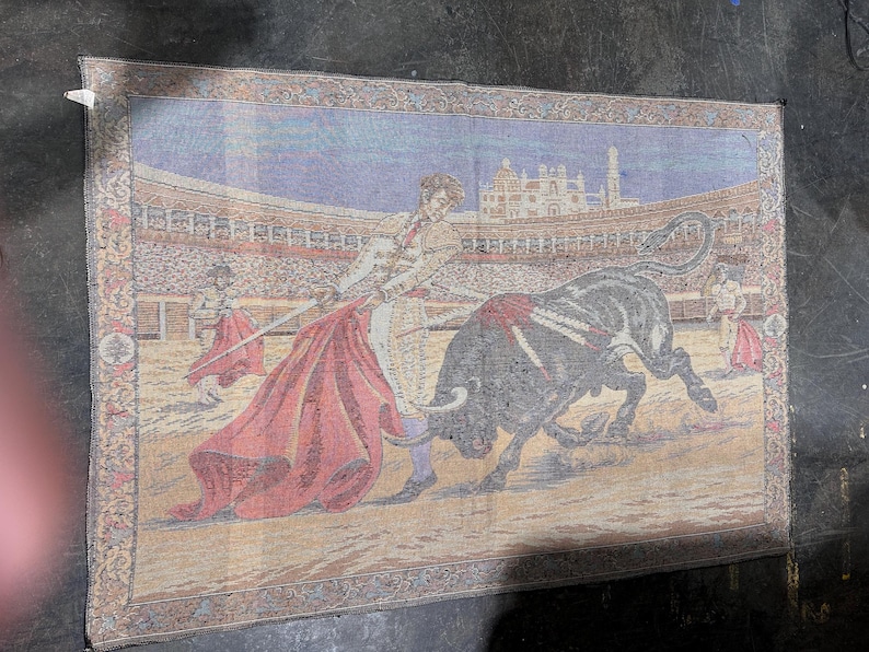 Vintage MCM Mid Century Velvet Tapestry Spain Spanish Bull Matador ...