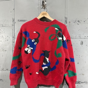 Vintage Cat Picture Knit Sweater Red Paws details Cat Lady