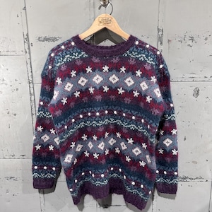 Vintage 90s Christopher & Banks Mohair Blend Sweater Nordic Fair Isle Pattern Knit Small Norway Hand Embroidered