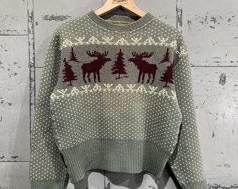 M 50s Sweater Ski pilgrim Wool Picture Knit moose Winter fair isle Birds Eye Christmas