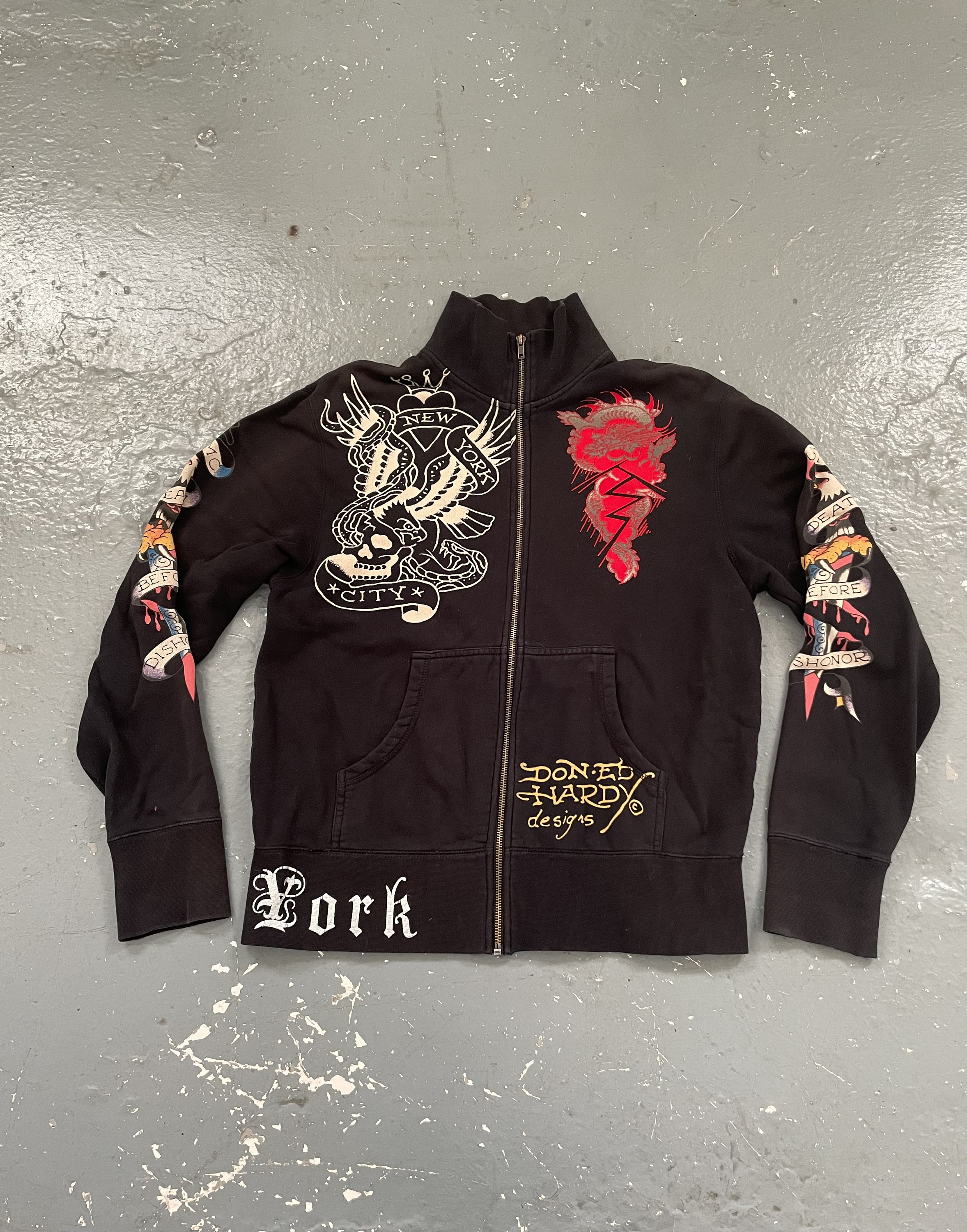 S Y2K Ed Hardy Zip up Graphic Print Jacket Men's Black Full S Y2K Ed Hardy Zip up Graphic Print Jacket Men's Black Full