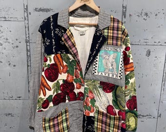Żakiet w stylu vintage z lat 70. w stylu funky hippie, patchworkowy, z gobelinu w stylu cottage core, średni