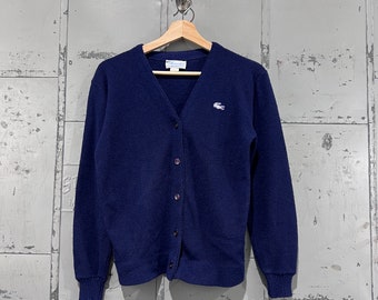 Maglione cardigan blu scuro anni '80 abbottonato Haymaker Lacoste essenziale e minimalista da donna piccolo