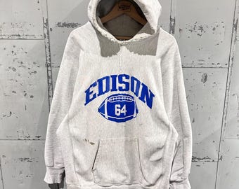 Sudadera con capucha XXL de algodón con estampado gráfico Edison Football, estilo vintage auténtico de los 80, marca Champion Reverse Weave, color avena gris desgastado.